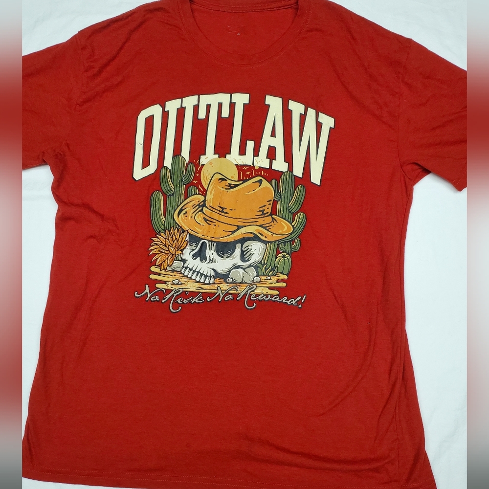 Outlaw Skull Cowboy Western Graphic Tee Red No Risk No Reward Unisex XL 2XL